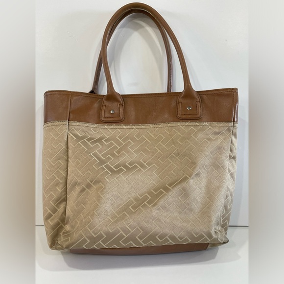 Tommy Hilfiger Shoulder Bag Tote Leather w/ Monogram Print Green & Blue Stripe - Picture 10 of 16